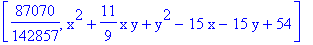 [87070/142857, x^2+11/9*x*y+y^2-15*x-15*y+54]